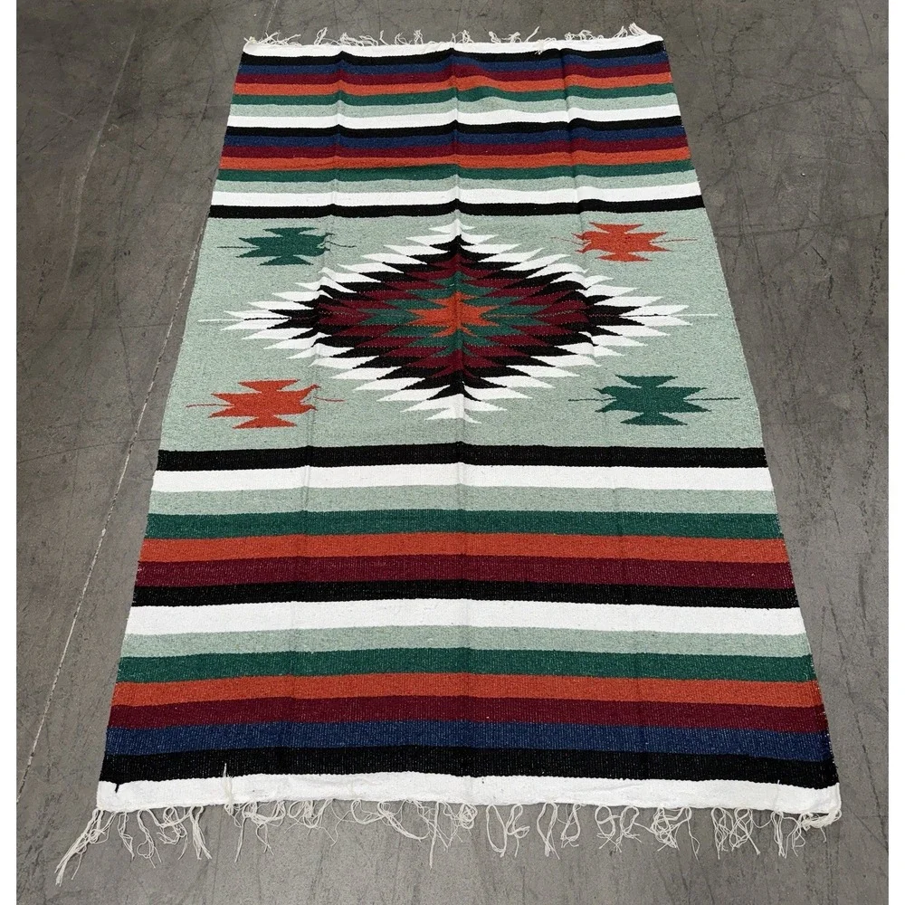 AUTHENTIC Mexican DIAMANTE Blanket Throw Yoga Mat Multi‎ Mint Green